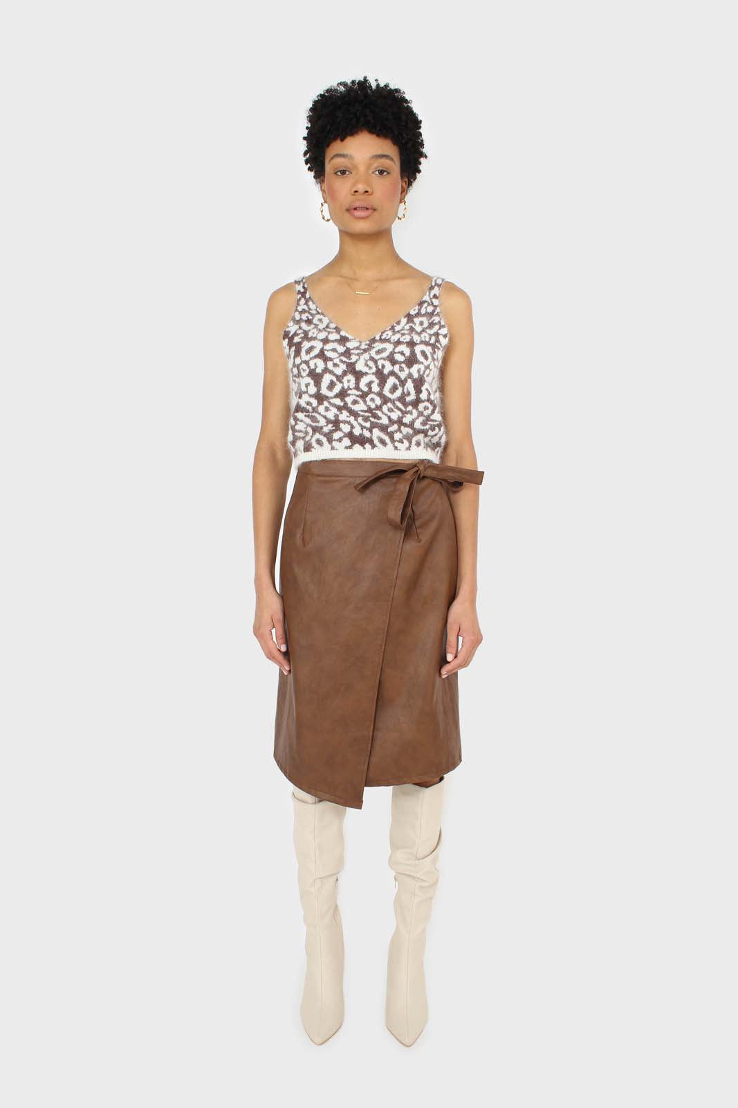 Brown vegan leather wrap midi skirt