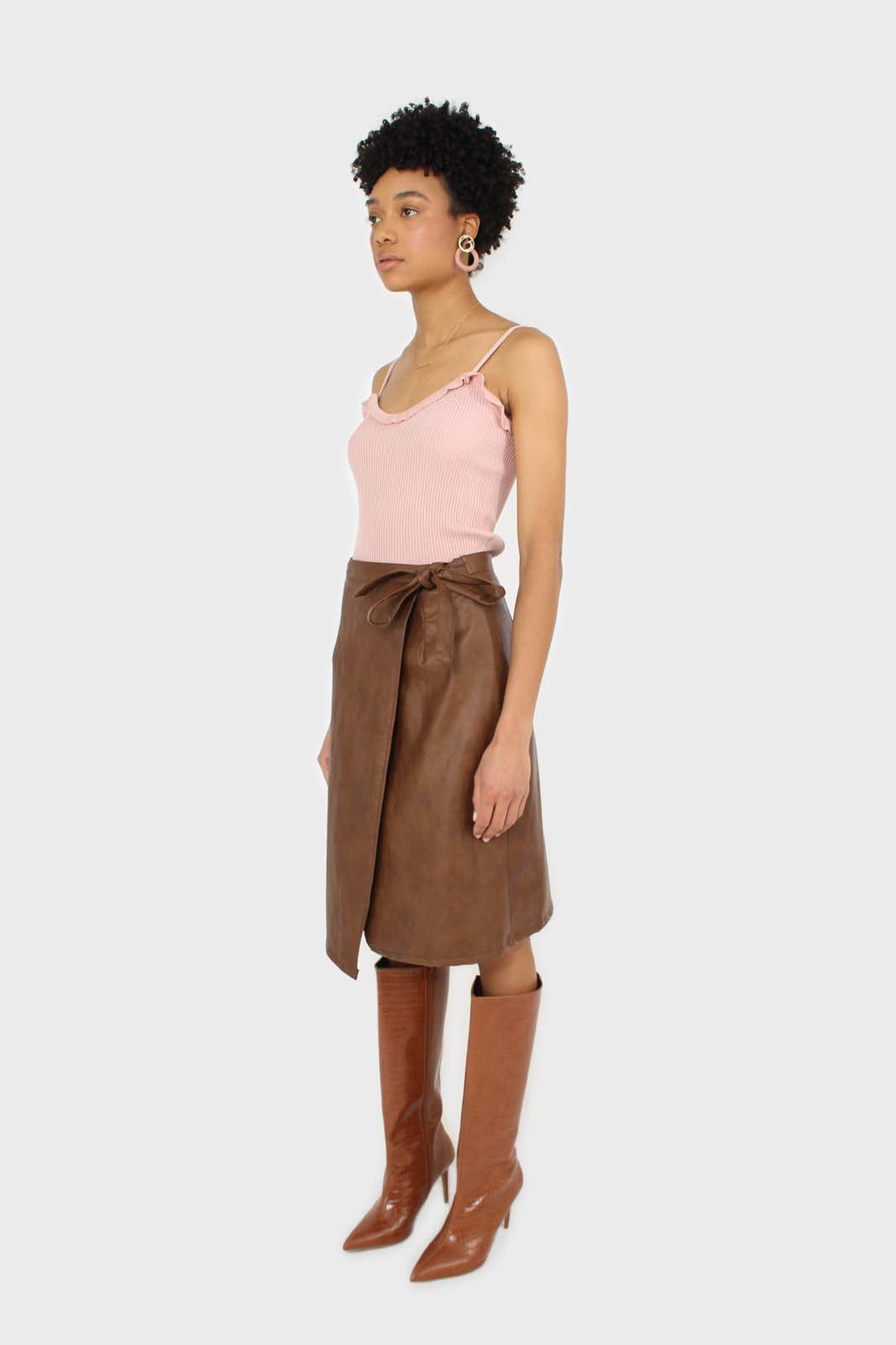 Brown vegan leather wrap midi skirt