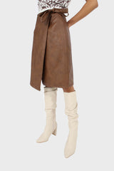 Brown vegan leather wrap midi skirt