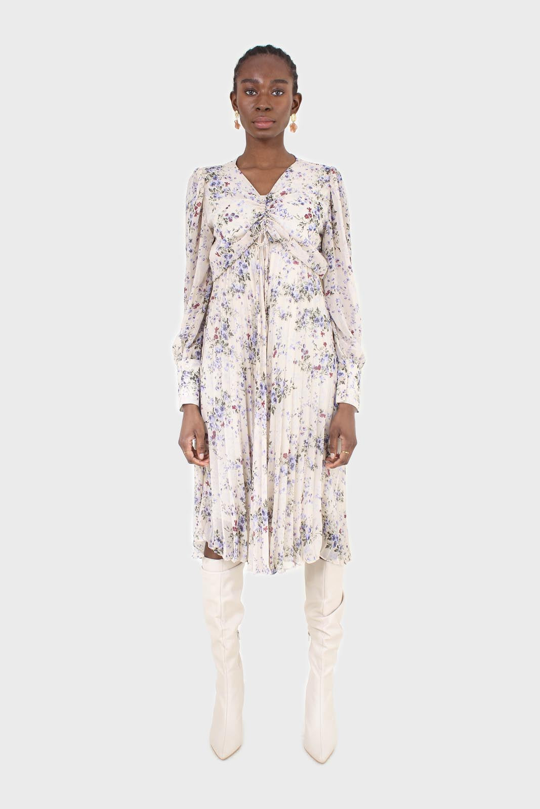 Beige and lilac floral print pull front pleat skirt maxi dress