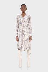 Beige and lilac floral print pull front pleat skirt maxi dress
