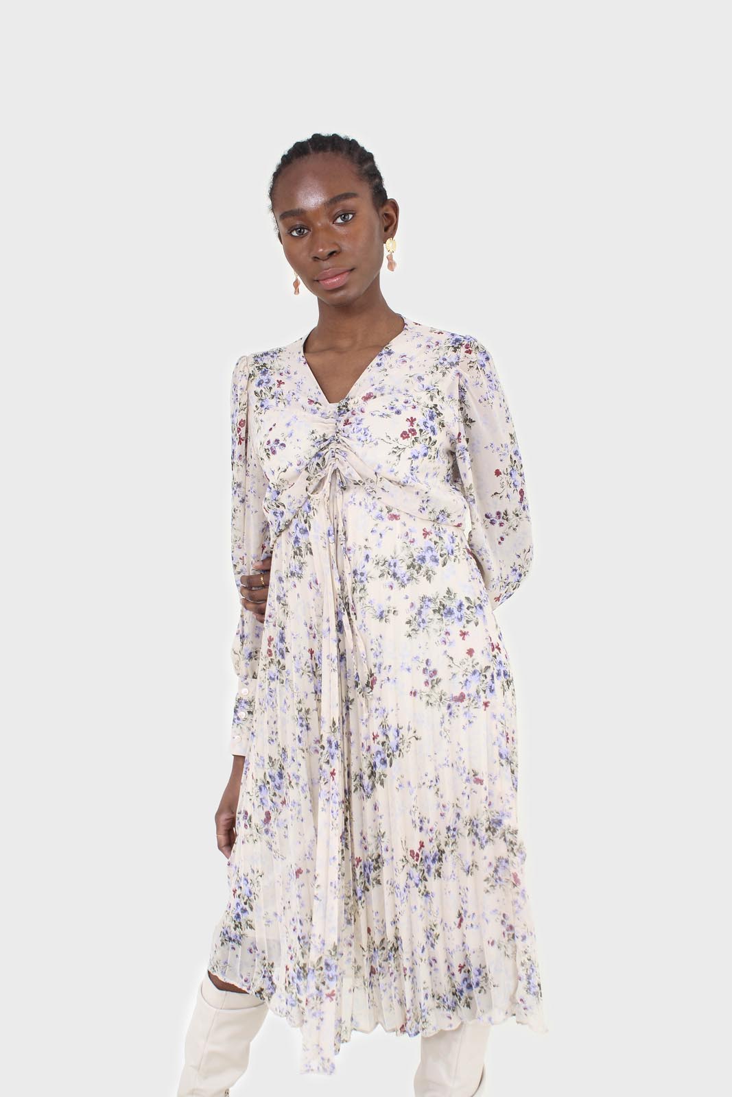 Beige and lilac floral print pull front pleat skirt maxi dress