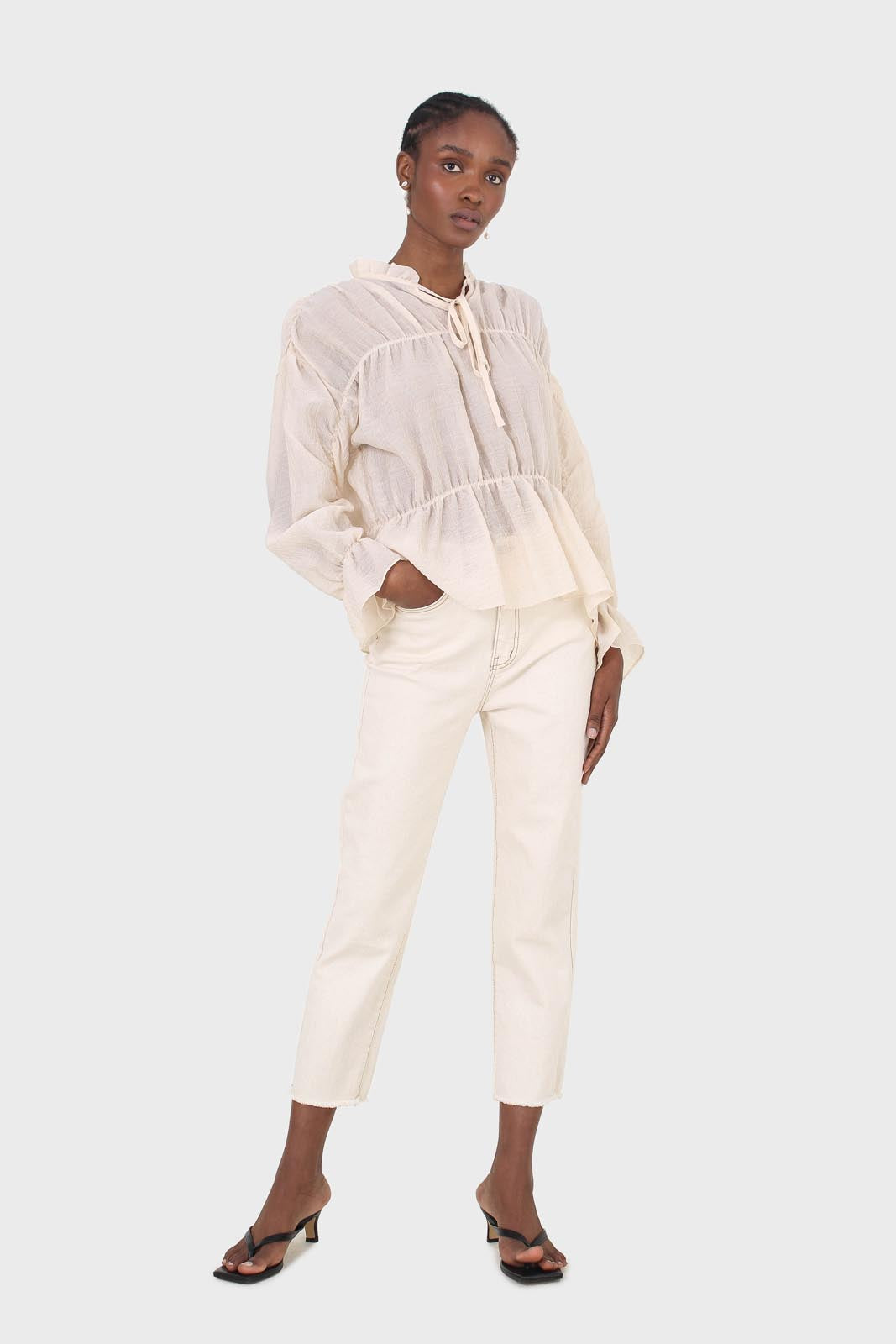 Beige sheer frill cuff tiered blouse