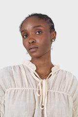 Beige sheer frill cuff tiered blouse