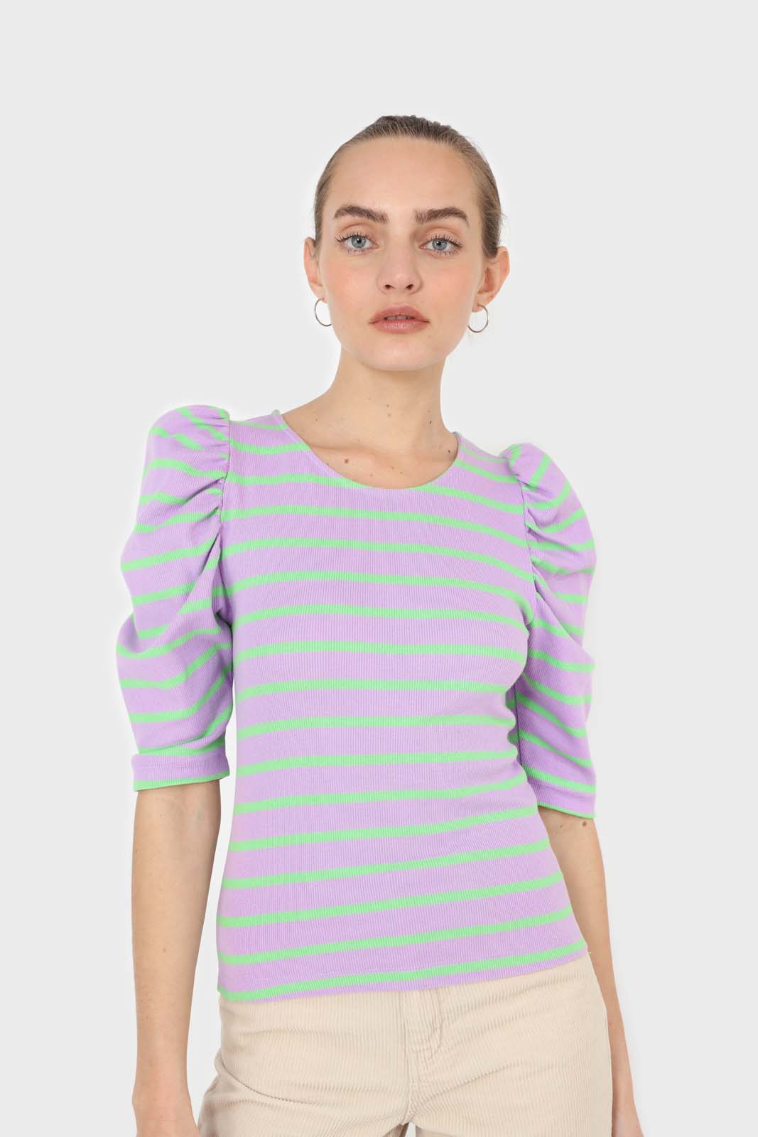 Lilac and mint striped puff 3/4 sleeve top