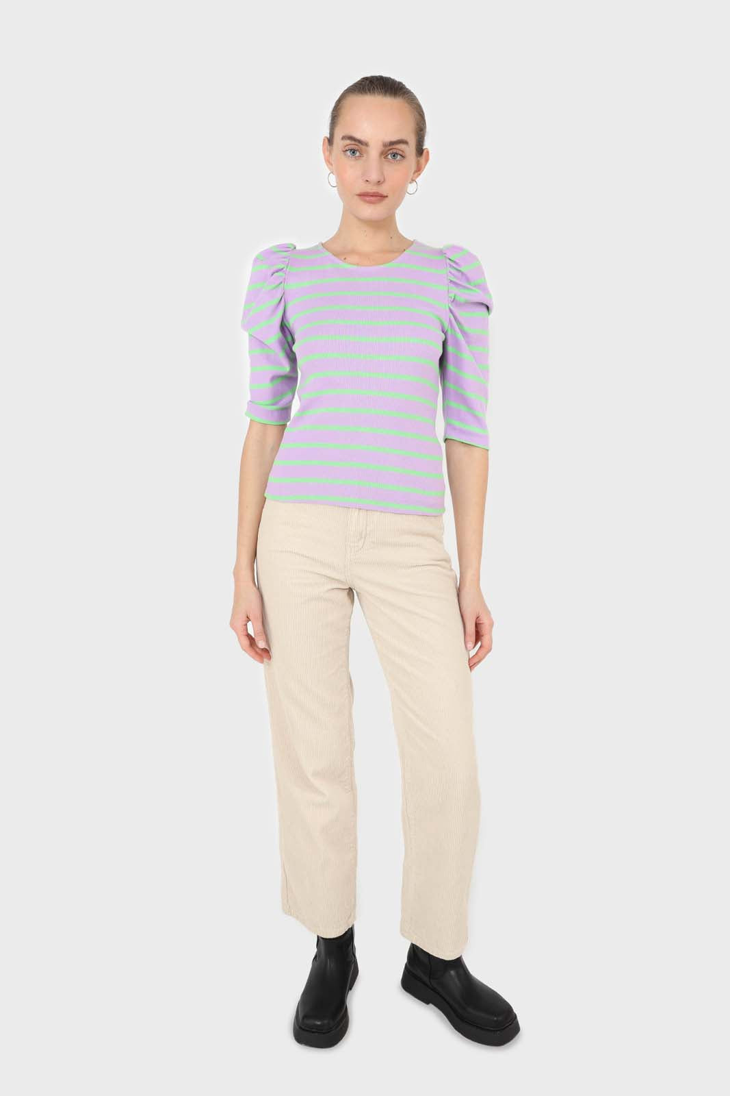 Lilac and mint striped puff 3/4 sleeve top