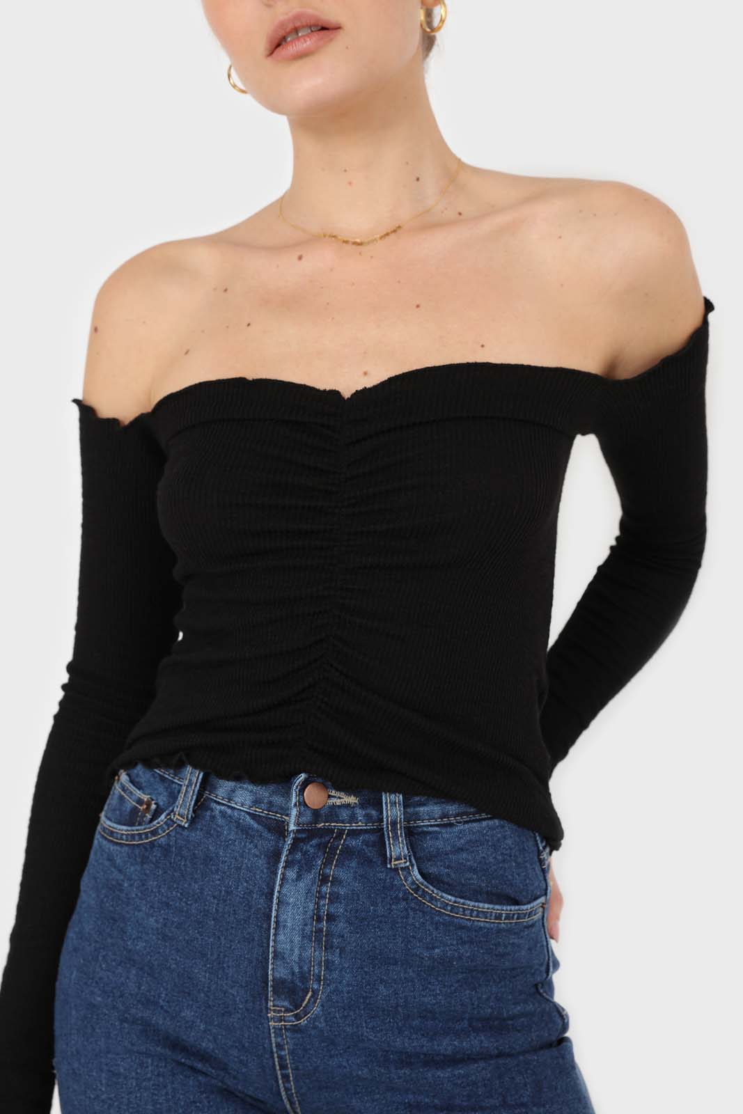 Black off shoulder ruched front ribbed top