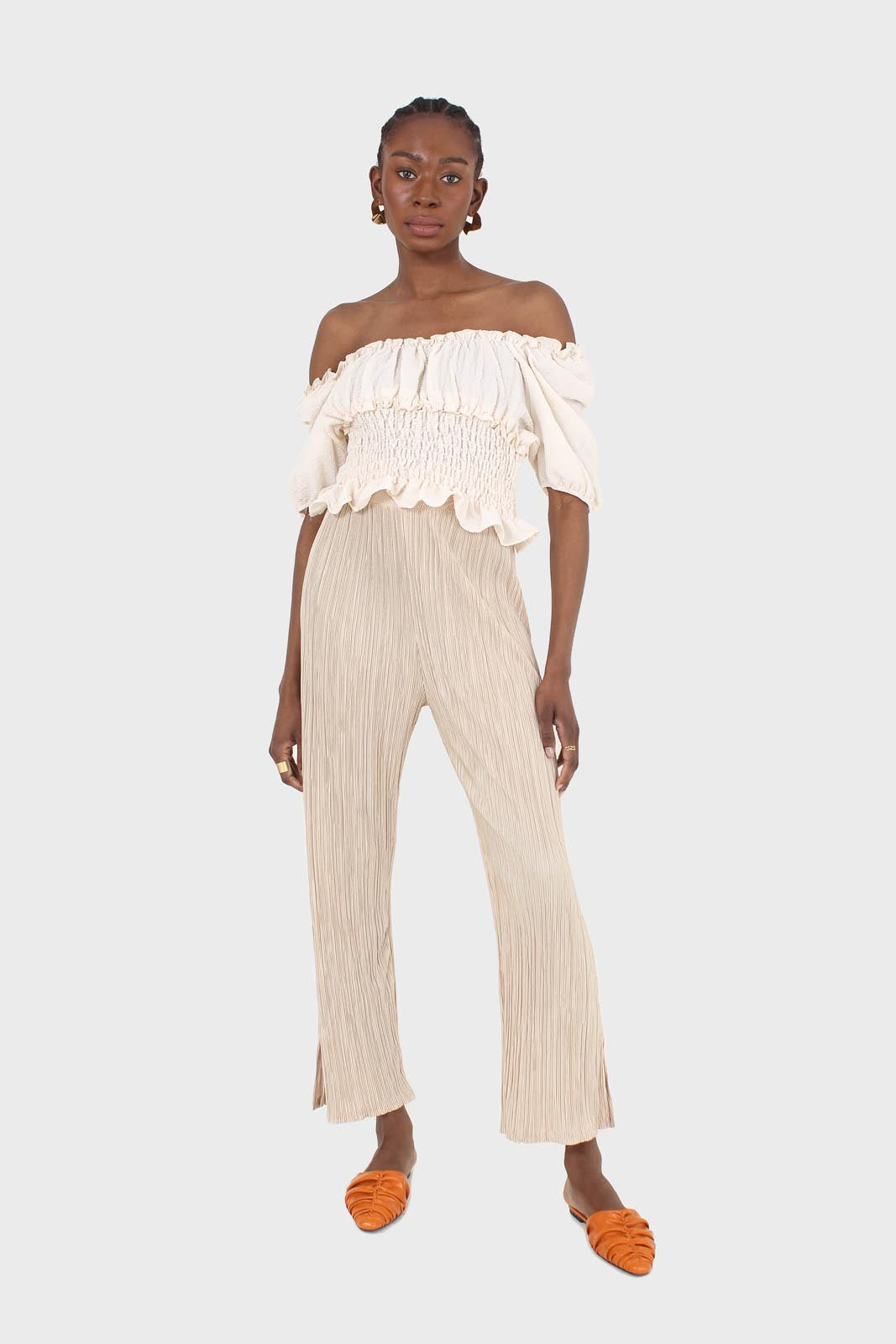 Beige silky micro pleat trousers