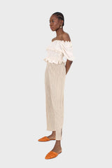 Beige silky micro pleat trousers