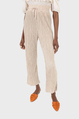 Beige silky micro pleat trousers
