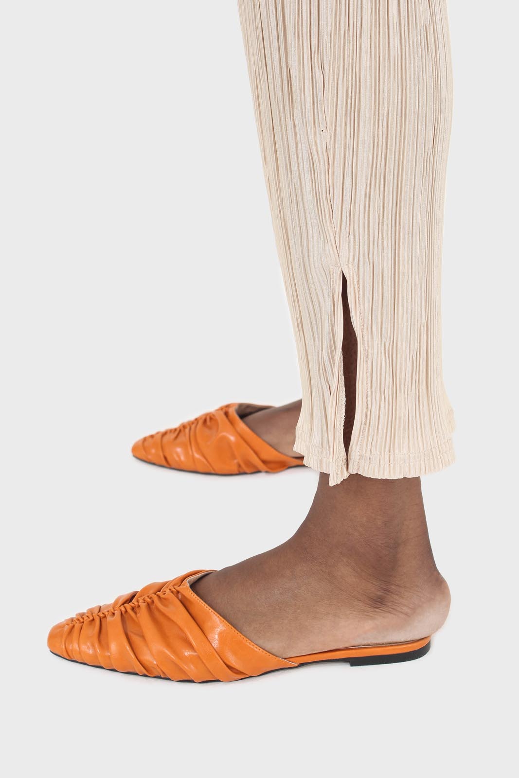 Beige silky micro pleat trousers