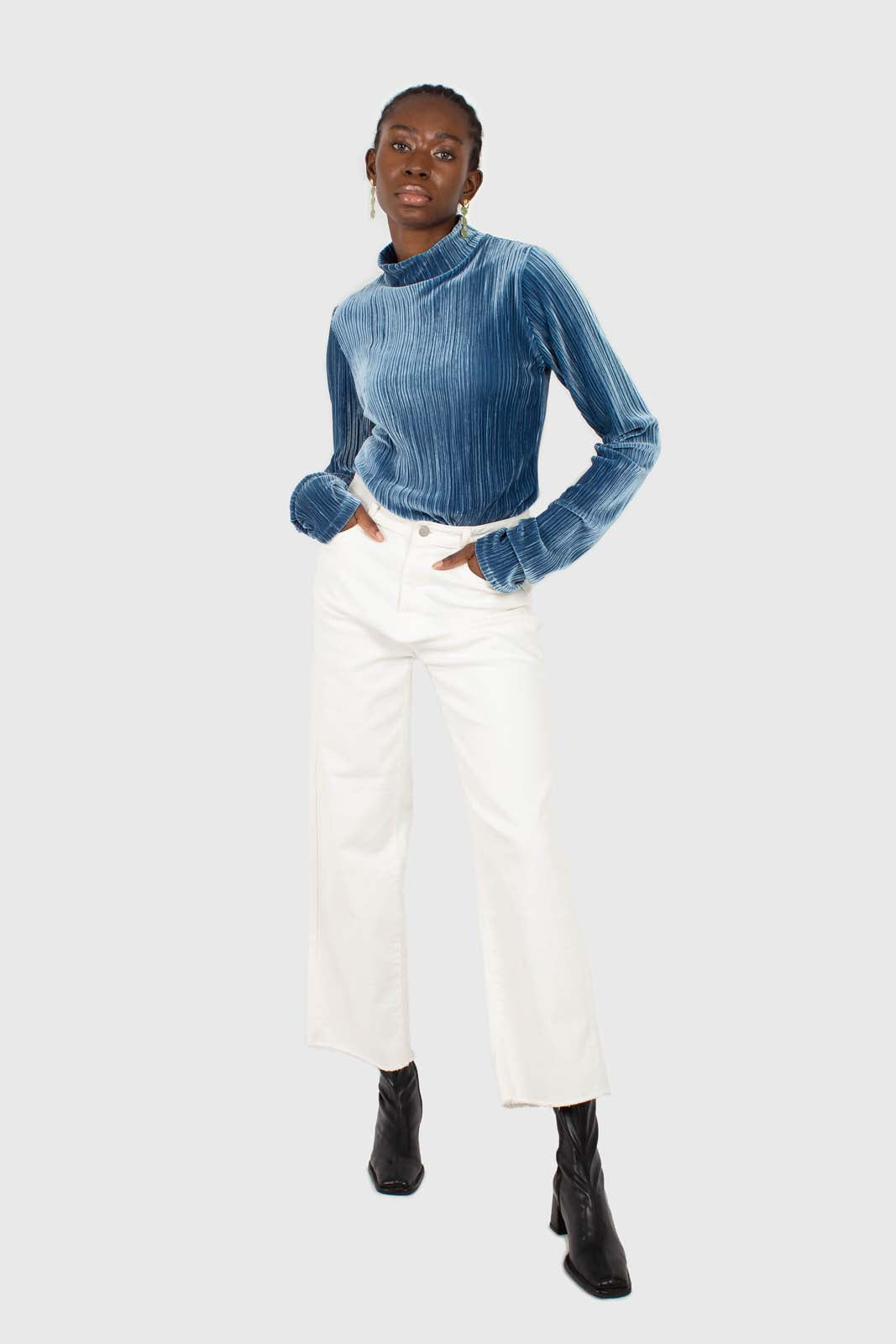 Mid blue micro ribbed silky top