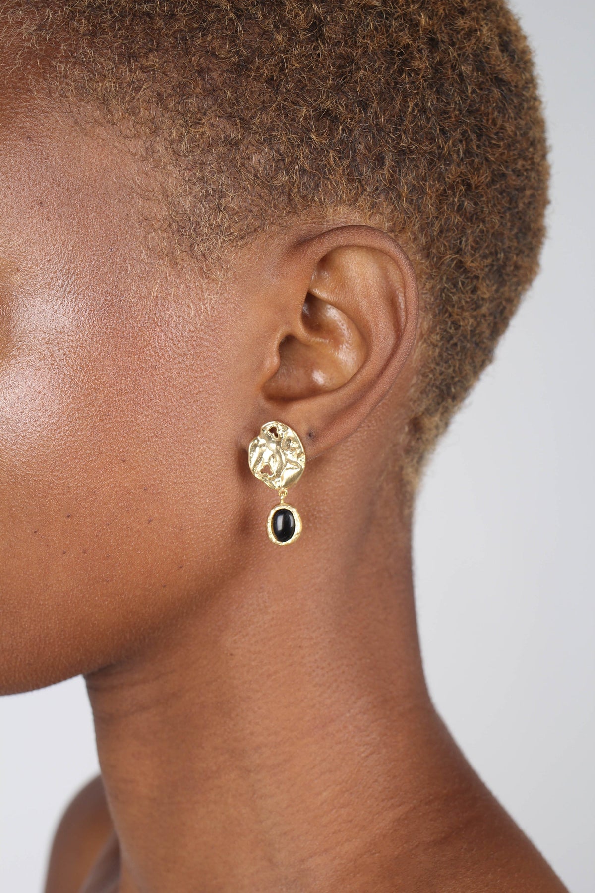 Gold and black hammered circle drop earrings