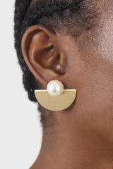 Gold giant pearl fan earrings