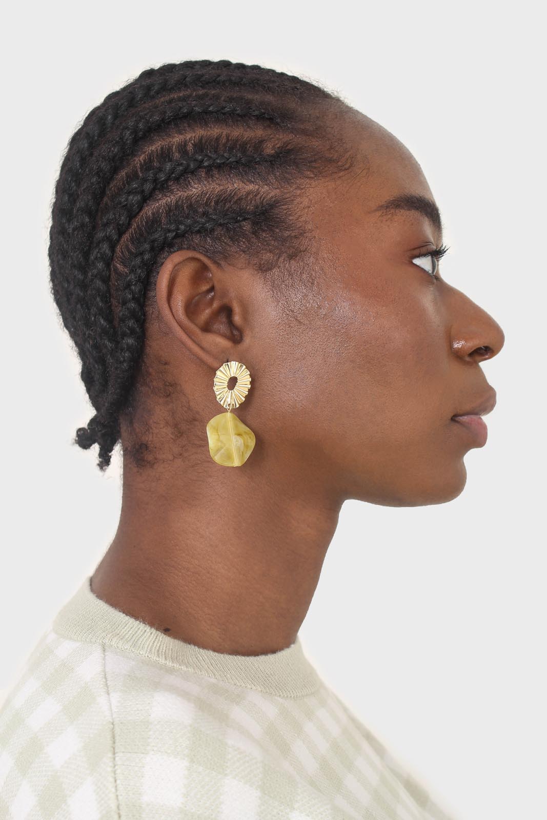 Gold ridged drop lime enamel circle earrings