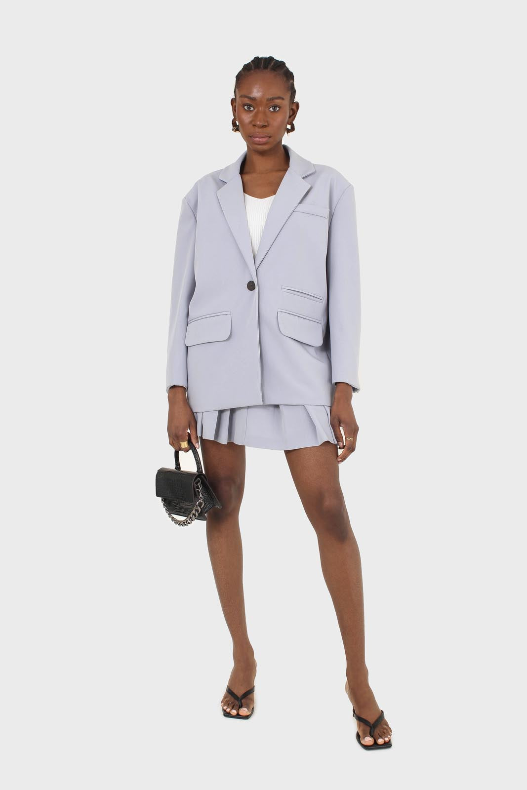Powder blue pleated mini skirt set