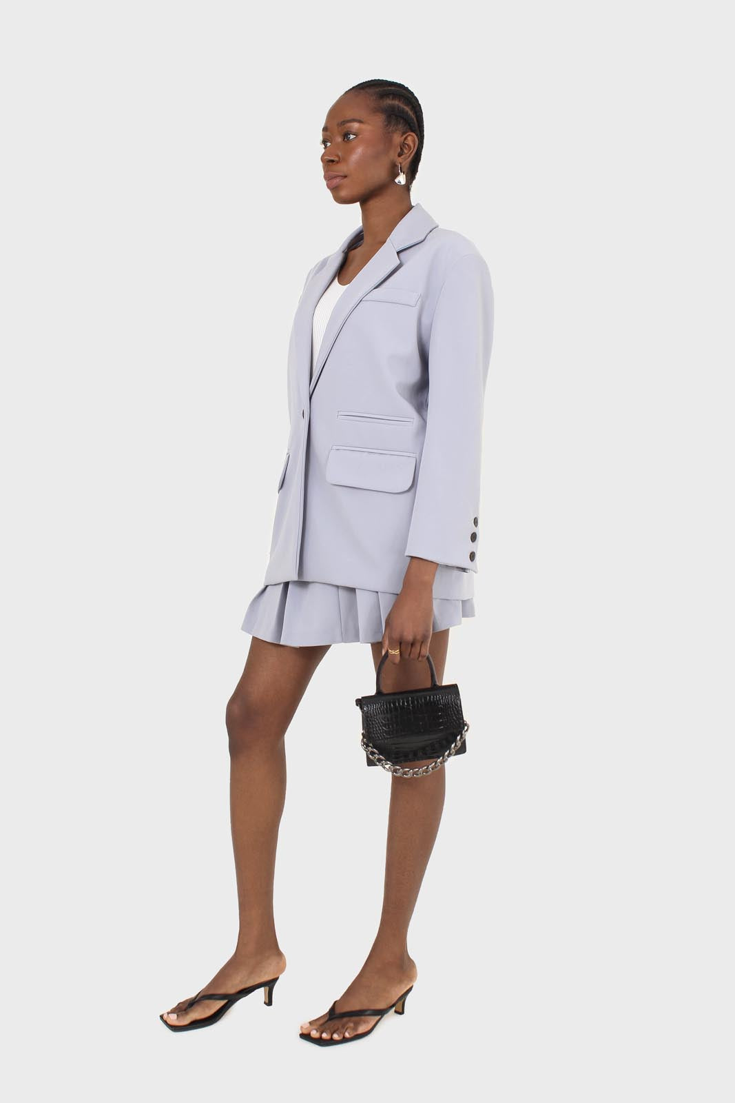 Powder blue pleated mini skirt set
