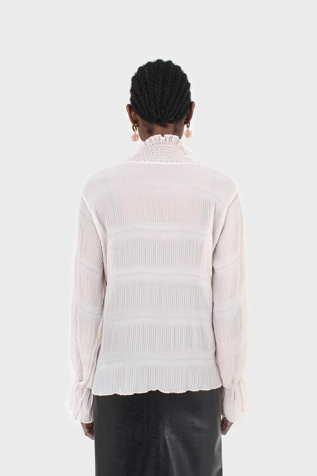 Beige shirring neck sheer tiered blouse