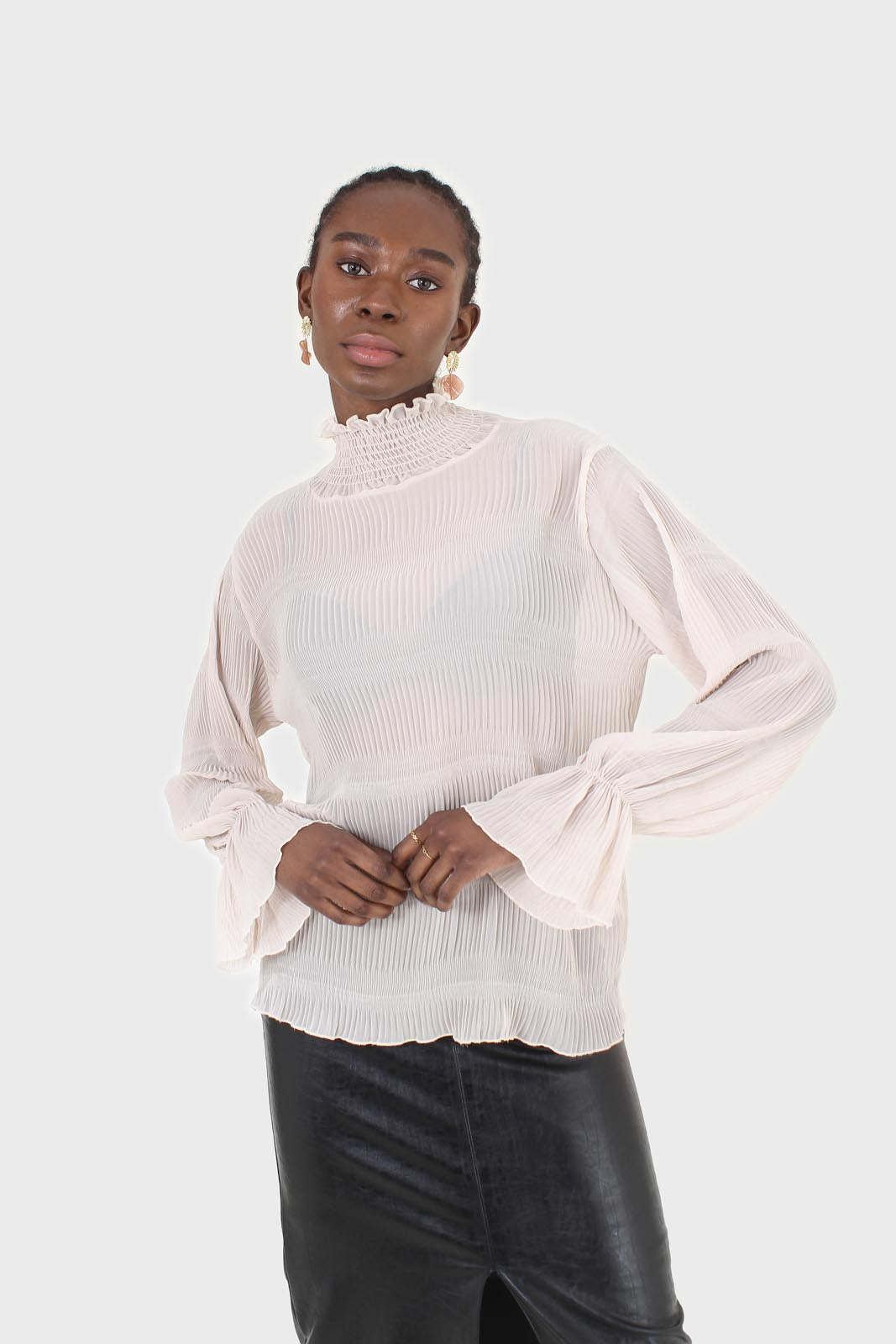 Beige shirring neck sheer tiered blouse