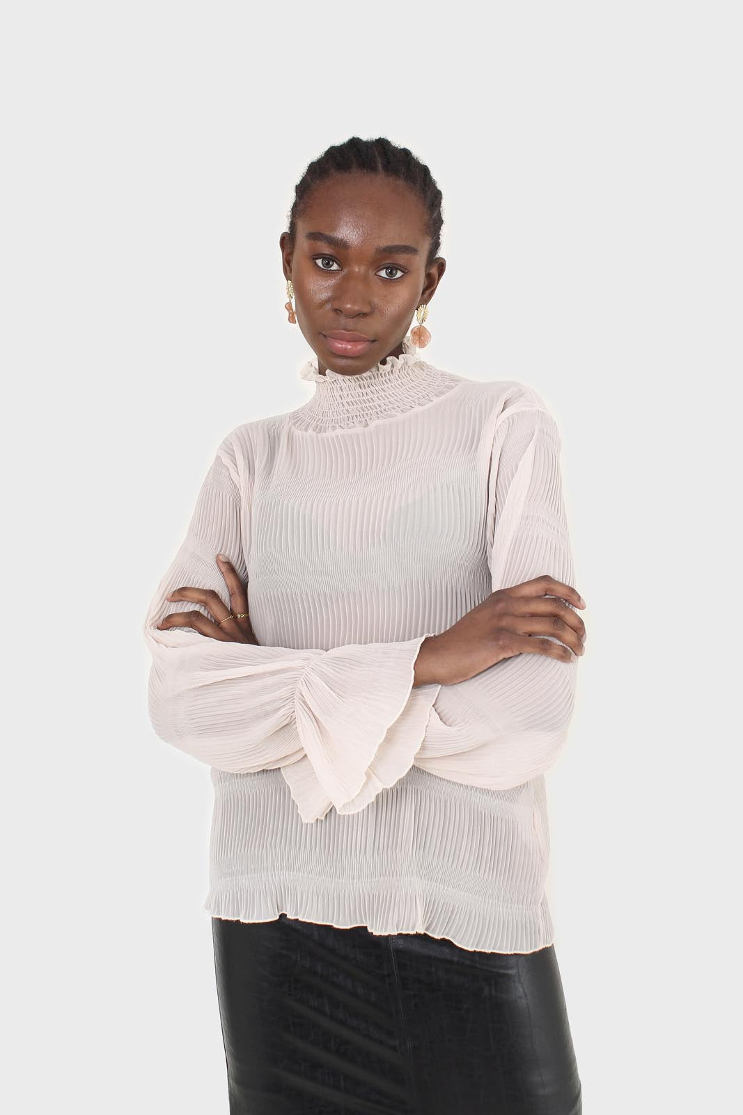 Beige shirring neck sheer tiered blouse