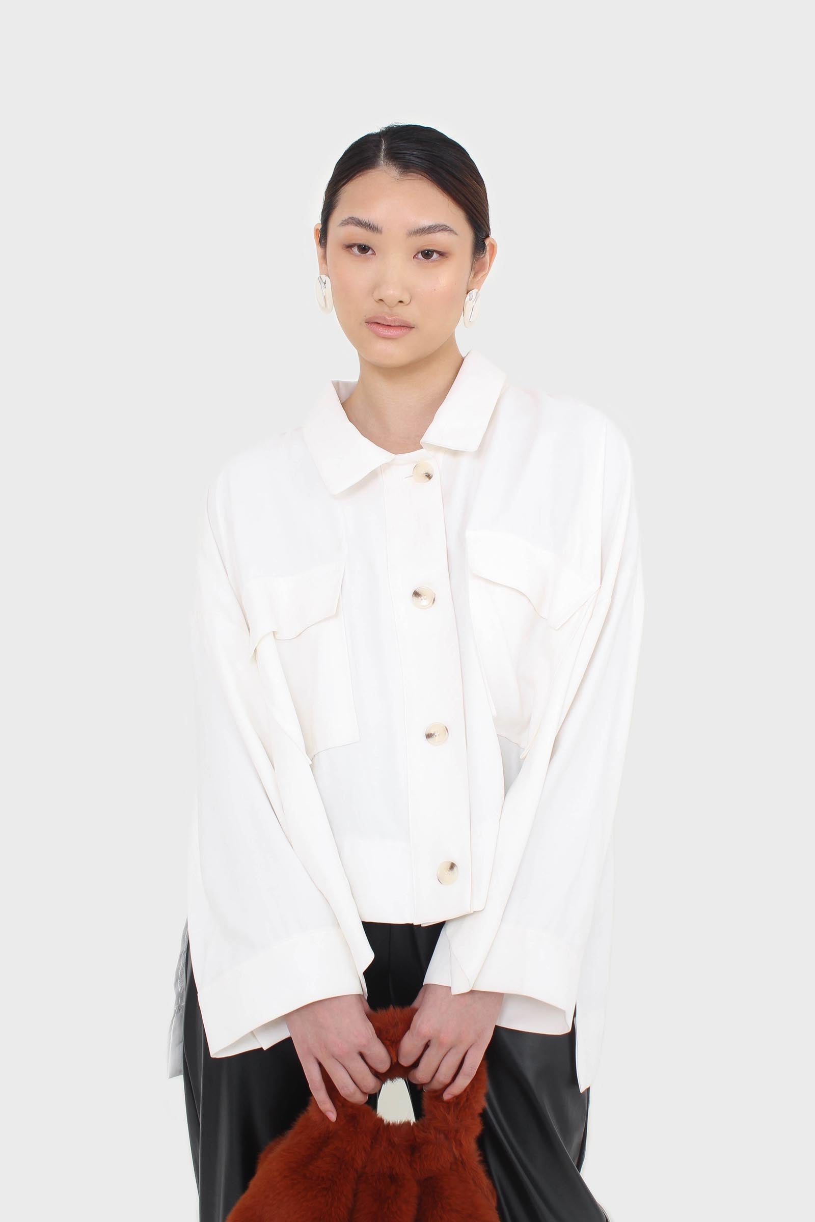 White oversized patch pocket shirt jacket
