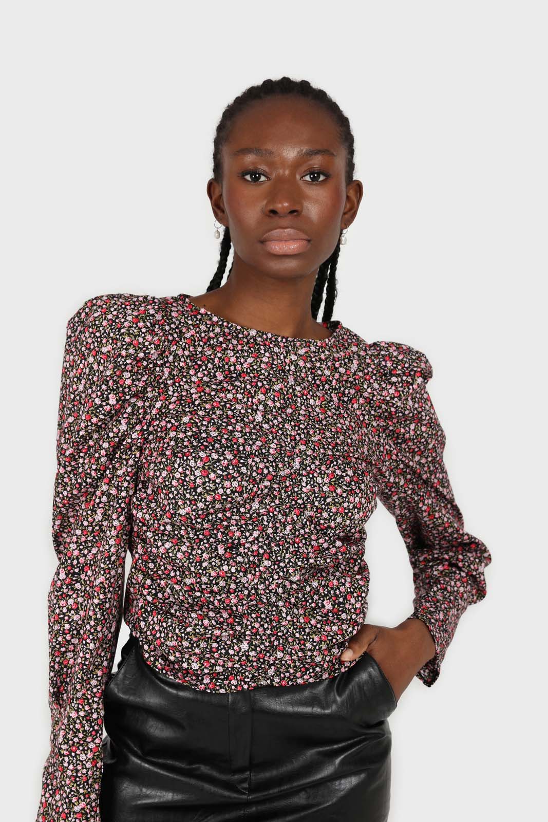 Black floral ruched long sleeved blouse