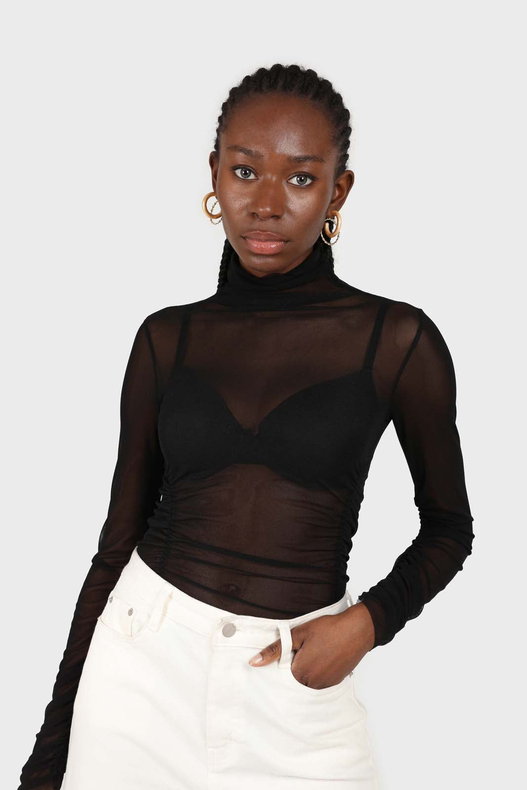 Black sheer shirring sides turtleneck top
