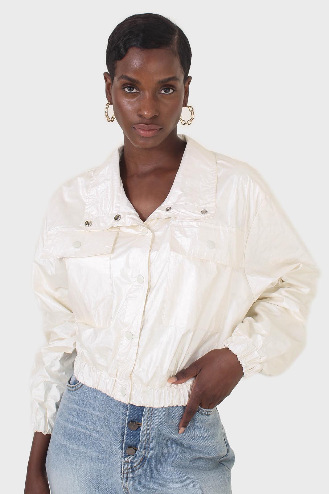 Ivory shiny coated crop blouson jacket
