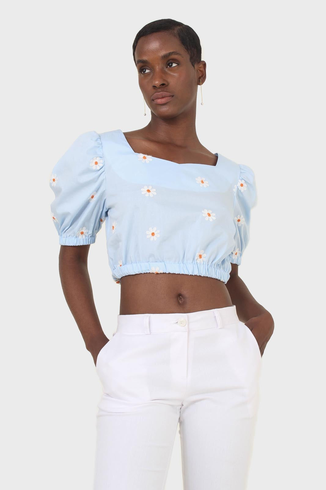 Blue embroidered daisy short sleeved top