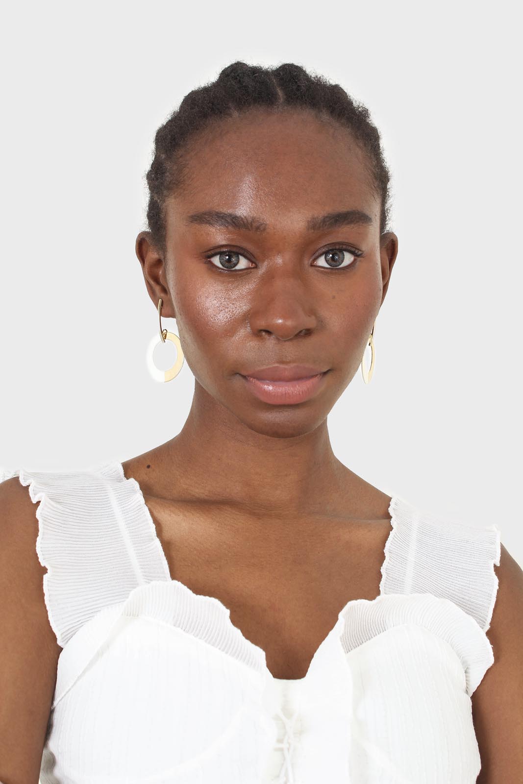 White chiffon trim lace up front tank top