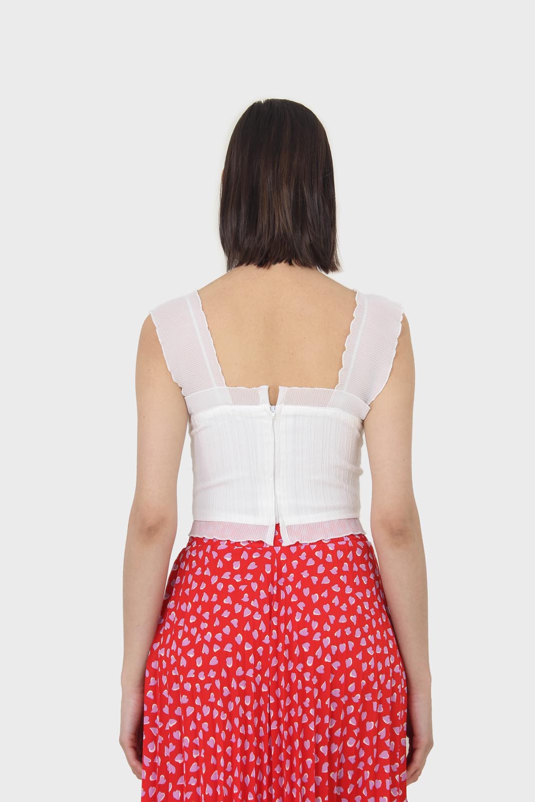 White chiffon trim lace up front tank top