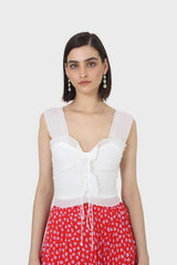 White chiffon trim lace up front tank top
