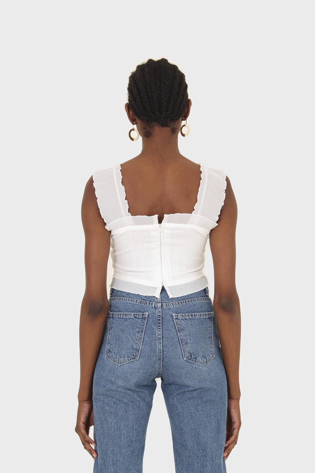 White chiffon trim lace up front tank top