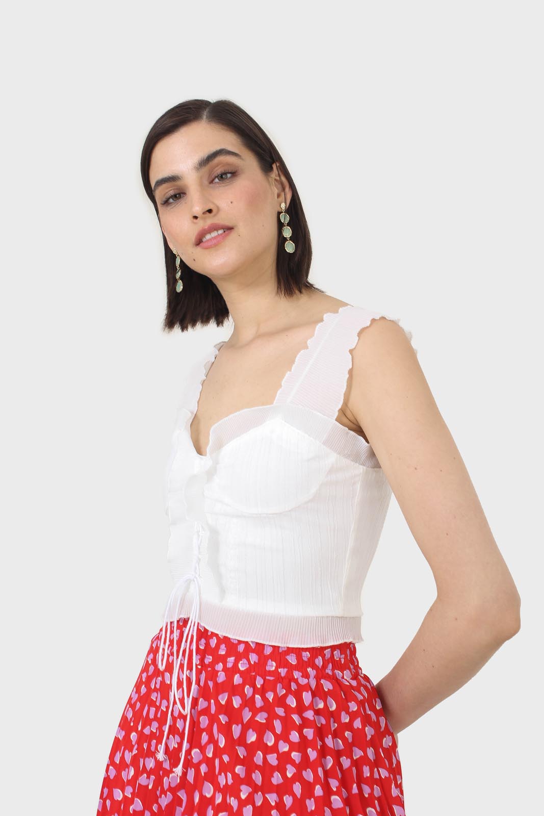 White chiffon trim lace up front tank top