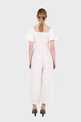 White short sleeved ruched bodice jumpsuit