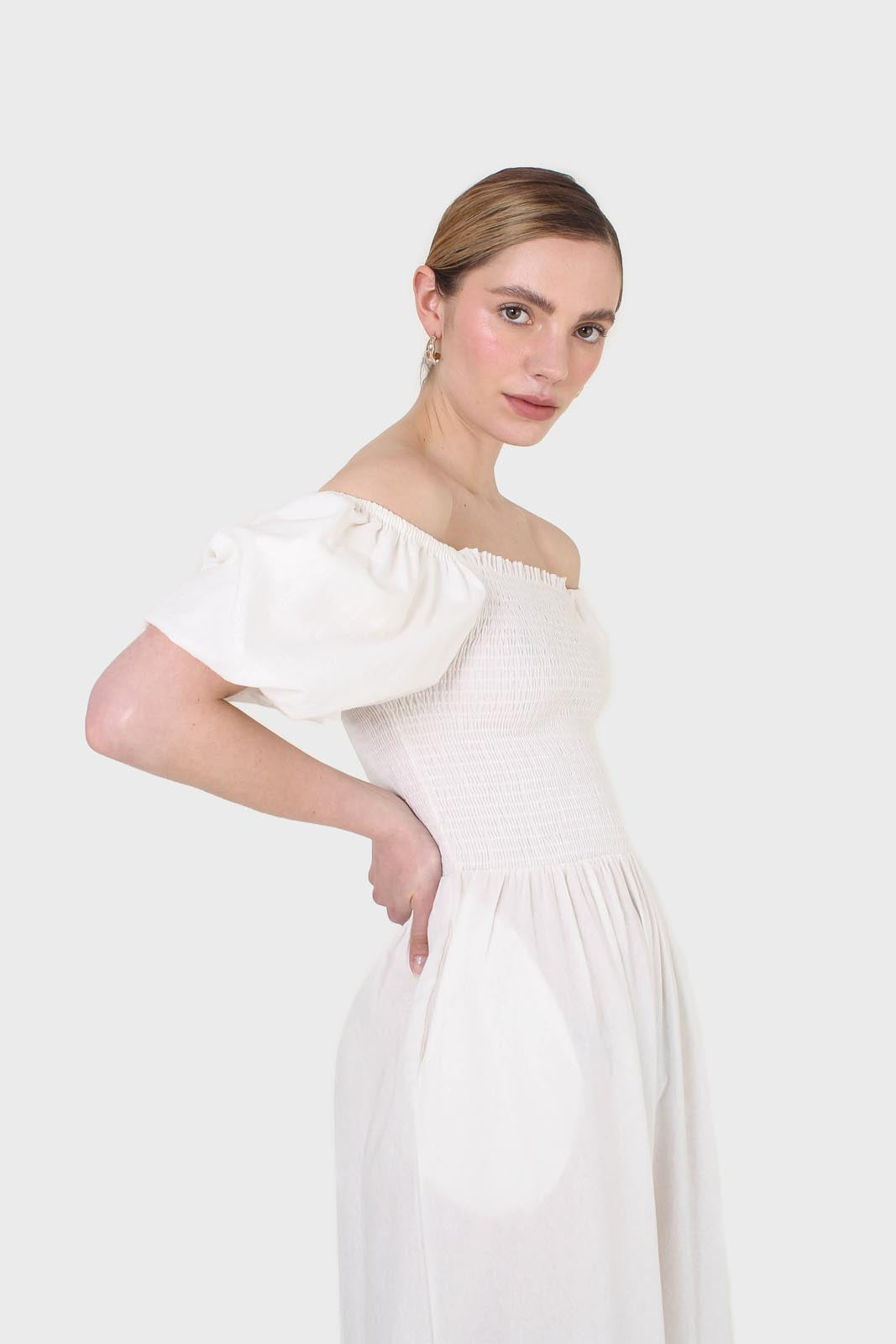 White short sleeved ruched bodice jumpsuit