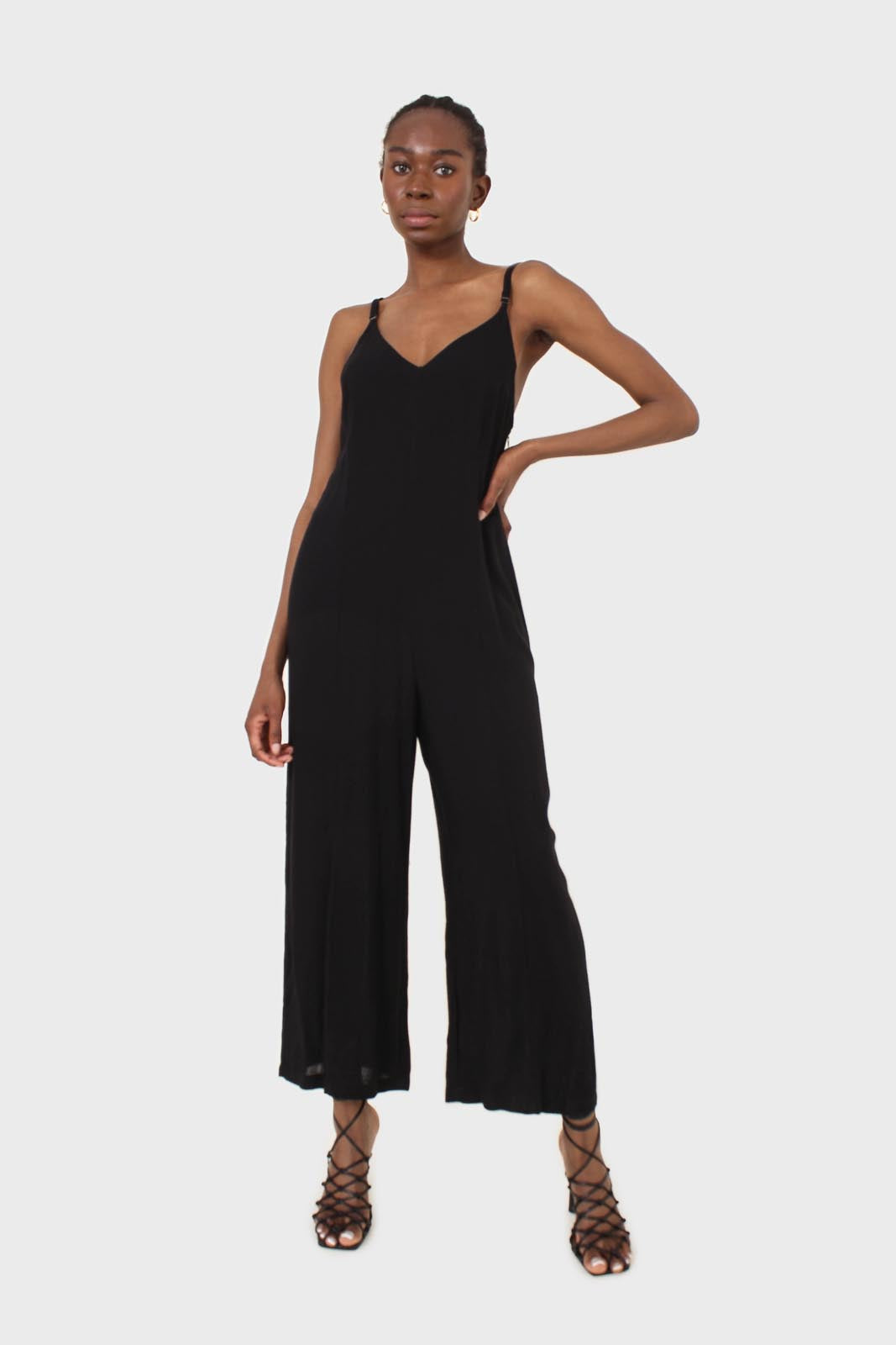 Black deep V spaghetti strap jumpsuit