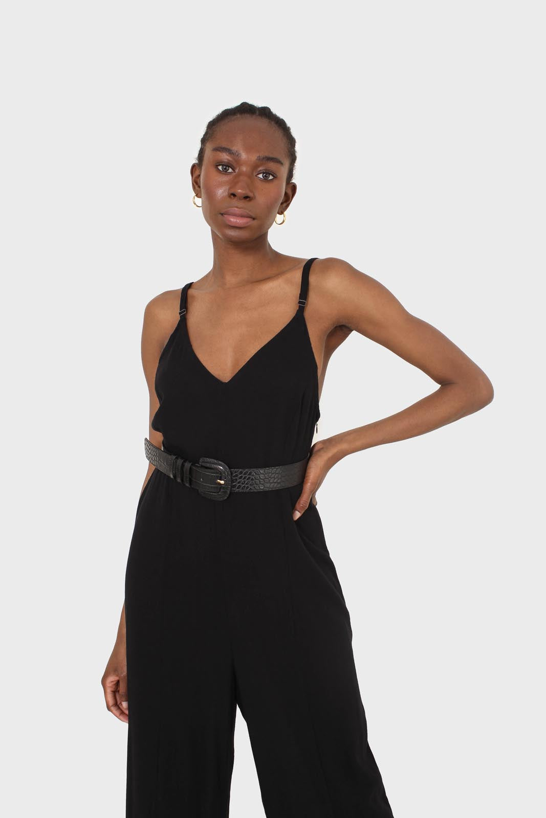 Black deep V spaghetti strap jumpsuit