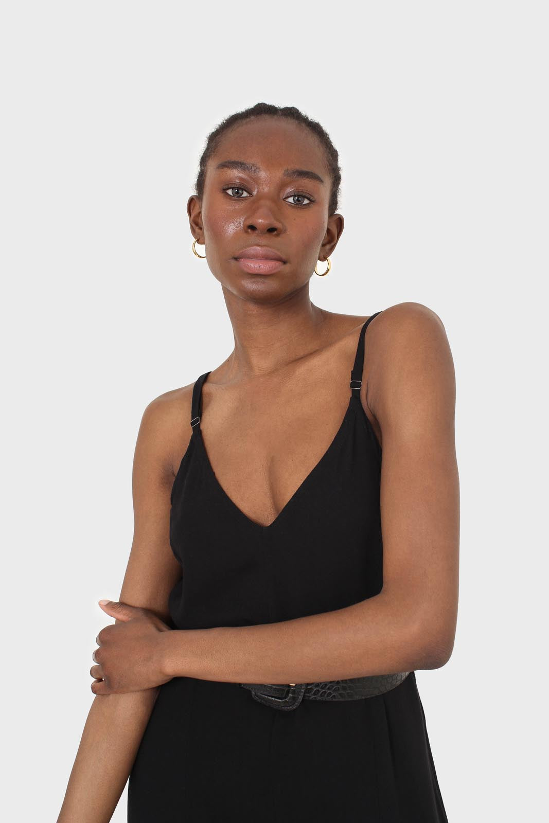 Black deep V spaghetti strap jumpsuit