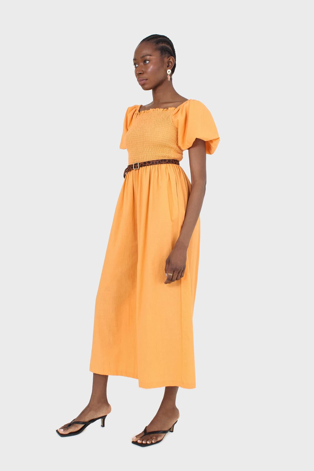 Orange short sleeved ruched bodice jumpsuit