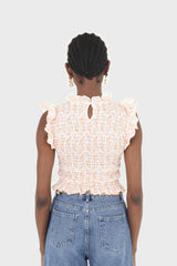 Ivory and bright orange floral print ruched tank
