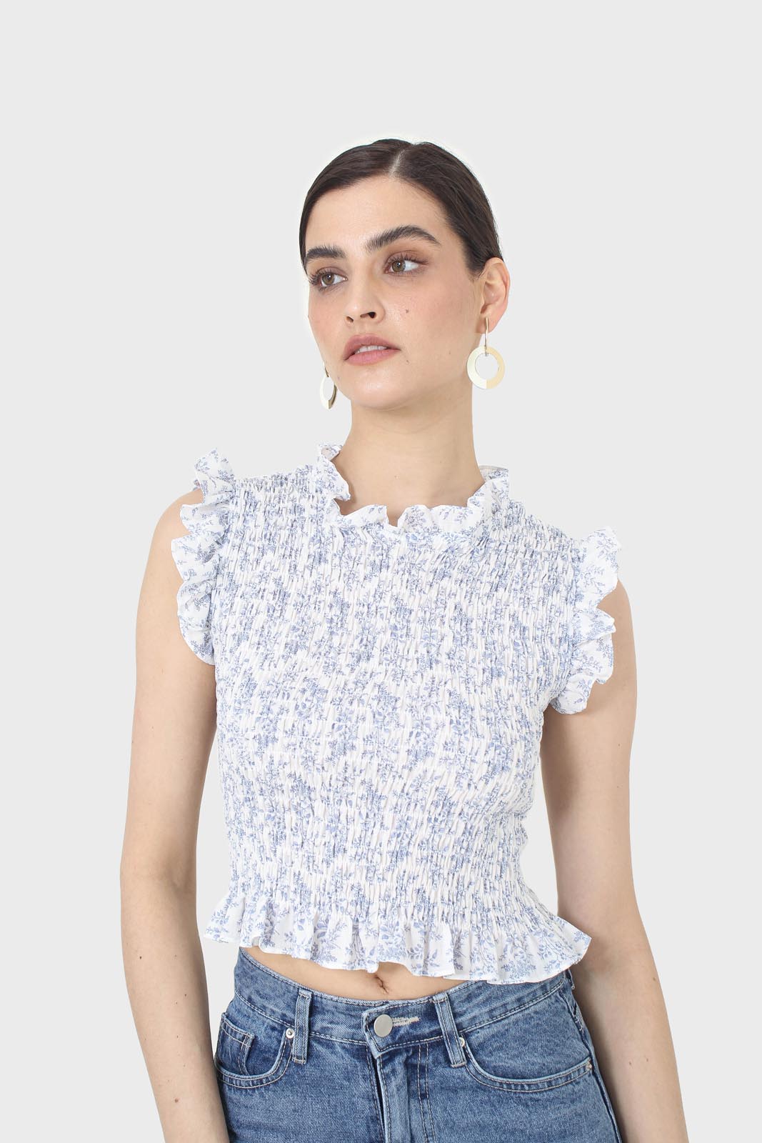 Ivory and blue floral print ruched tank