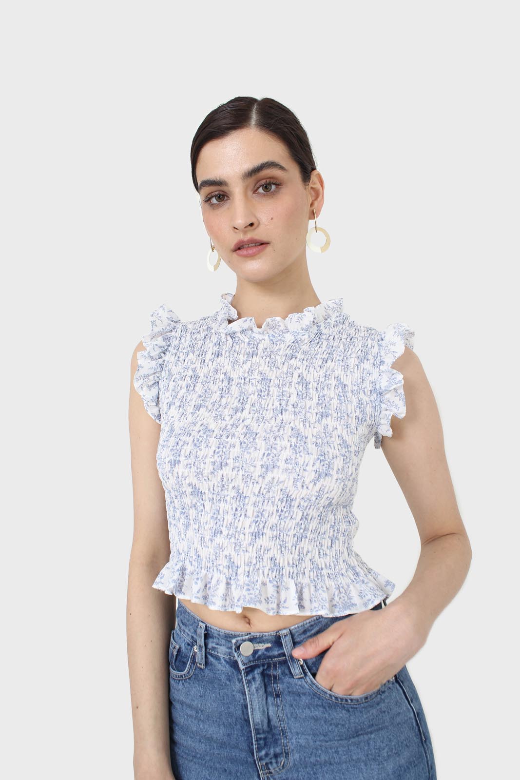 Ivory and blue floral print ruched tank
