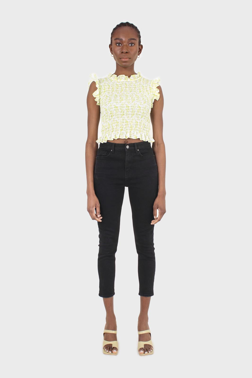 Ivory and bright green floral print ruched tank