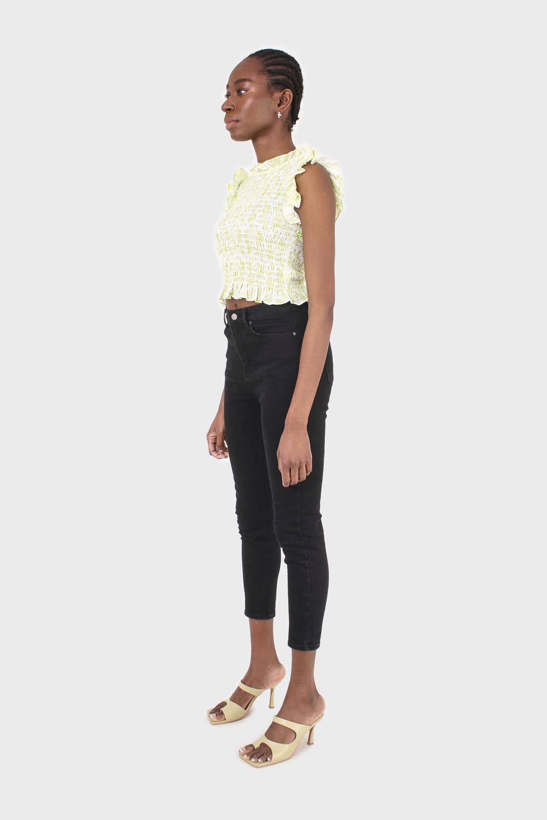 Ivory and bright green floral print ruched tank