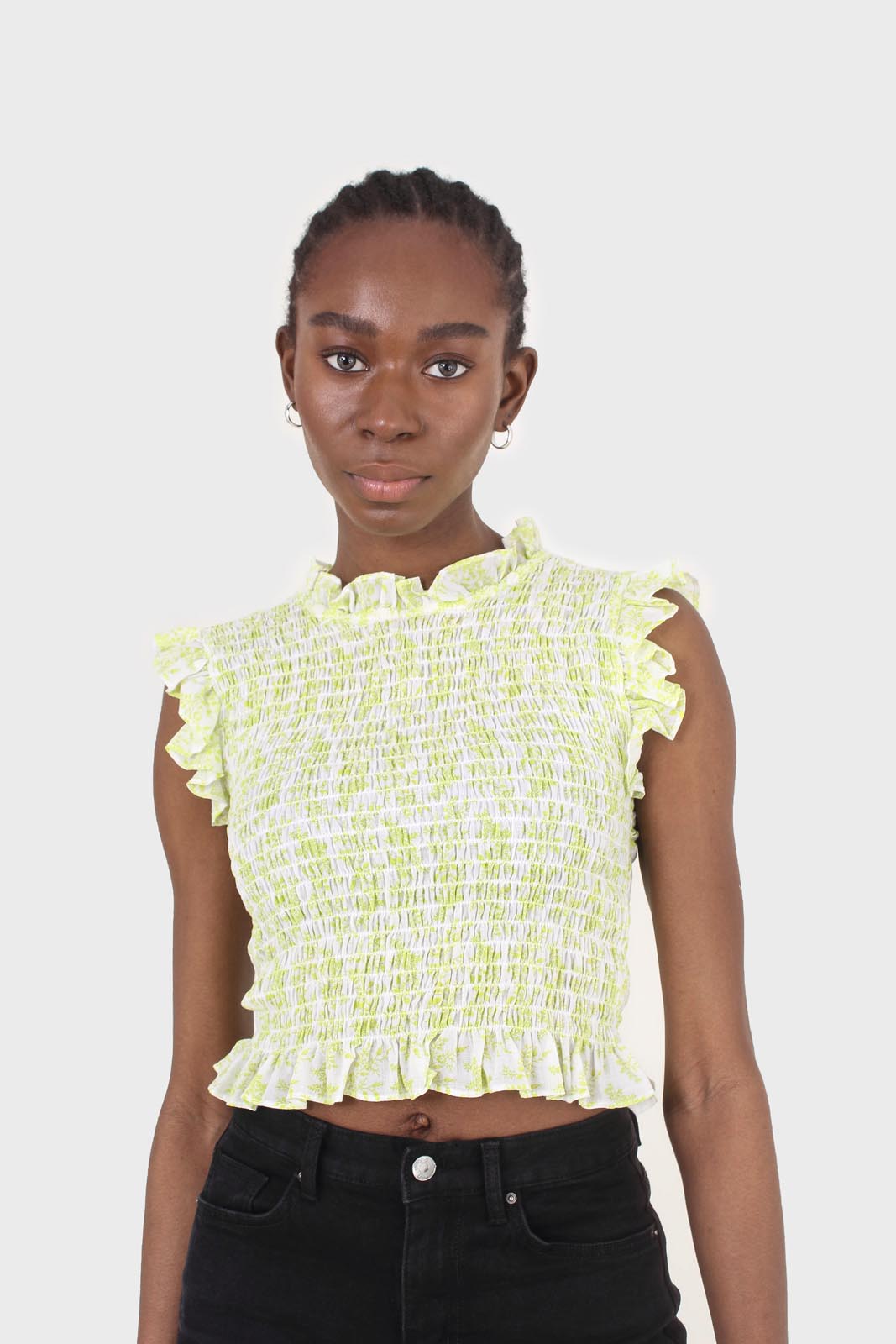 Ivory and bright green floral print ruched tank