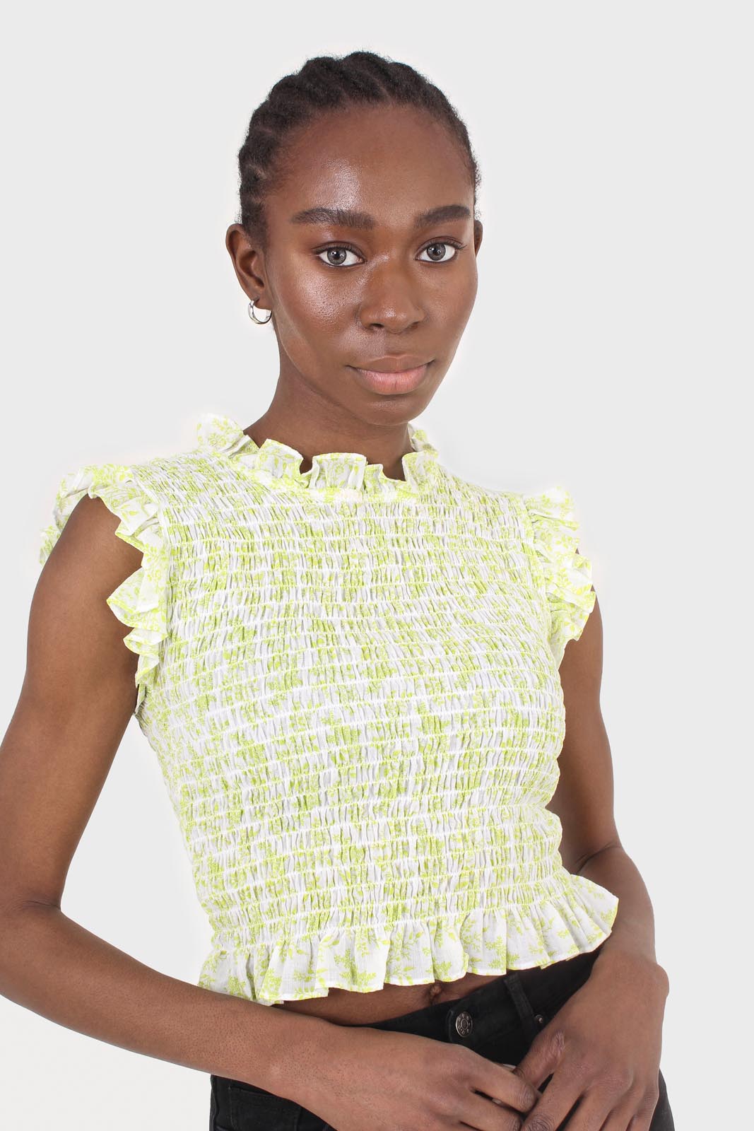 Ivory and bright green floral print ruched tank