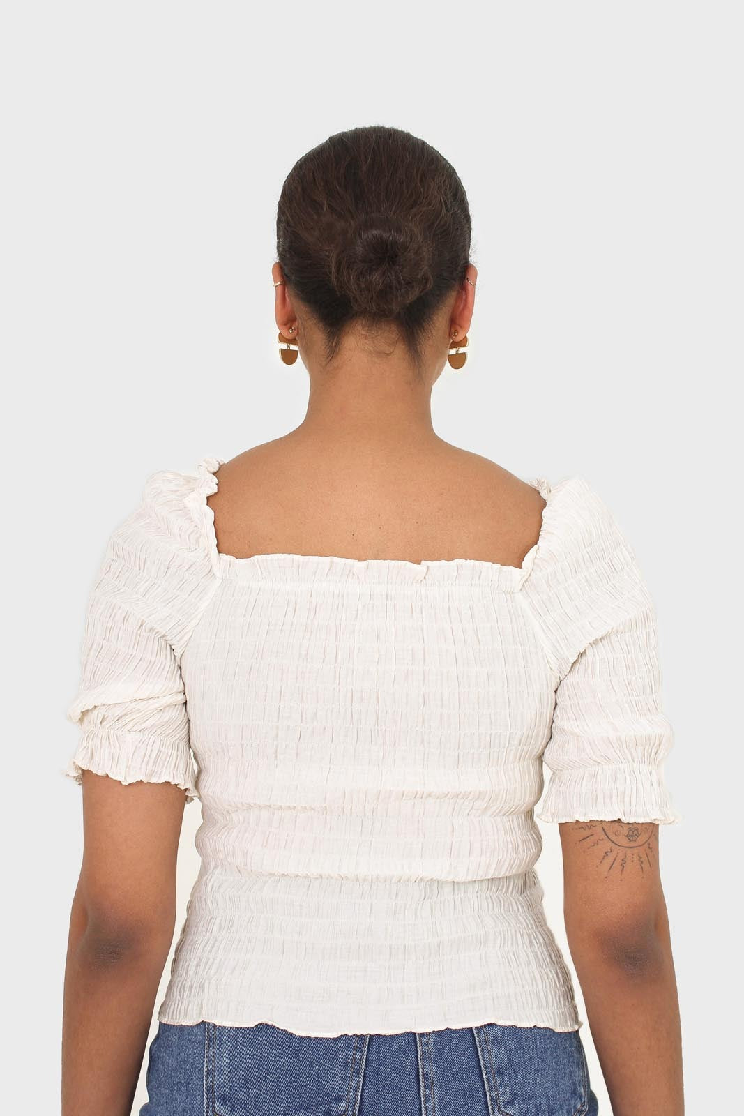 Ivory square neck smocked short sleeved blouse