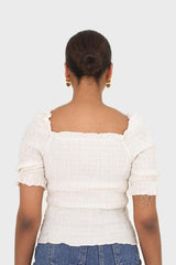 Ivory square neck smocked short sleeved blouse