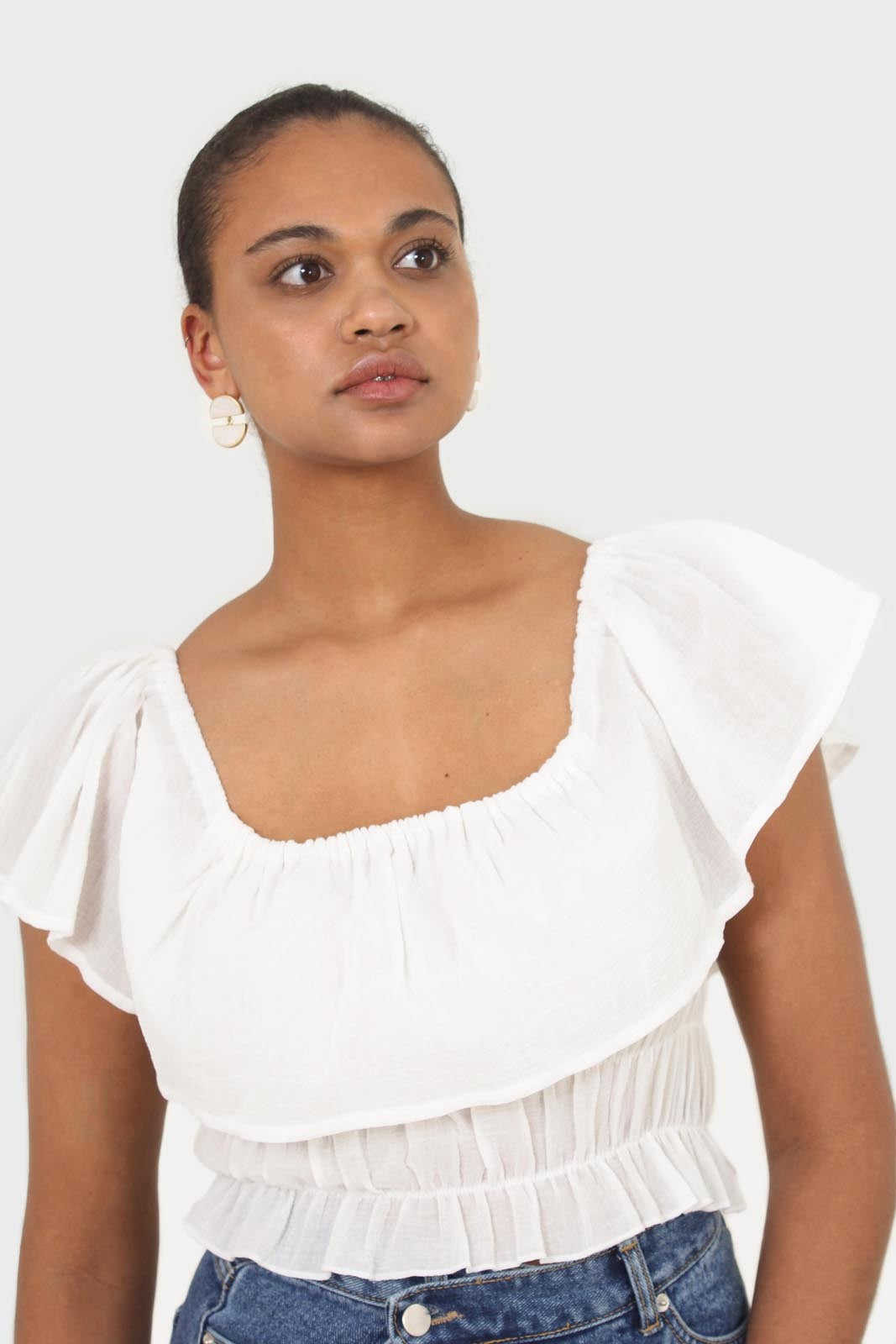 Ivory off shoulder large tier peasant top